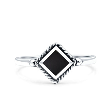 Square Vintage Style Petite Dainty Simulated Black Onyx Ring Solid Oxidized 925 Sterling Silver